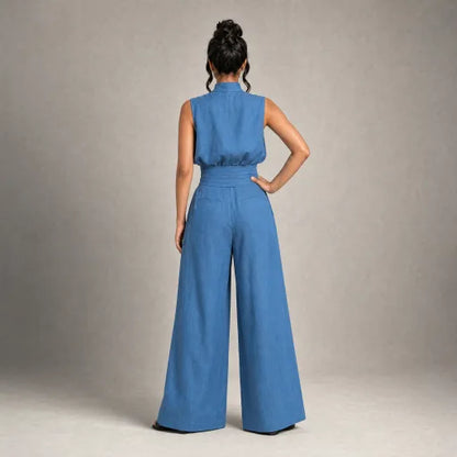 Linen High-Neck Top & Wide-Leg Pants Set