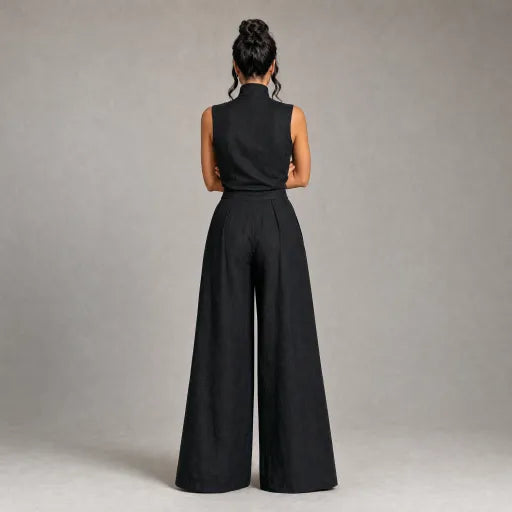 Linen High-Neck Top & Wide-Leg Pants Set