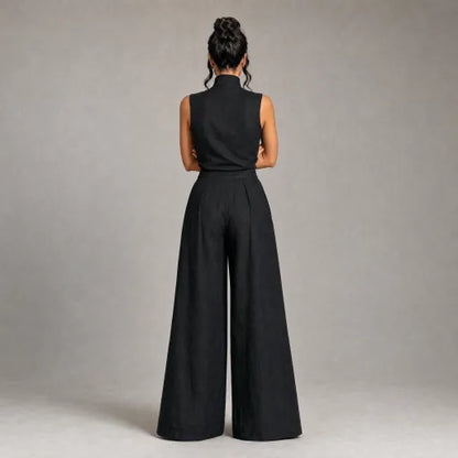 Linen High-Neck Top & Wide-Leg Pants Set