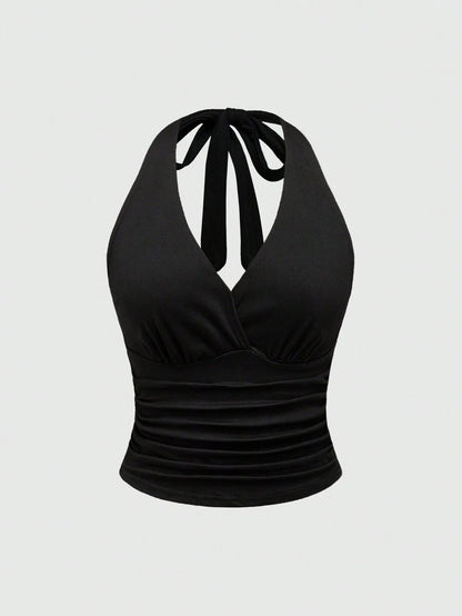 Ruched V-Neck Halter Top