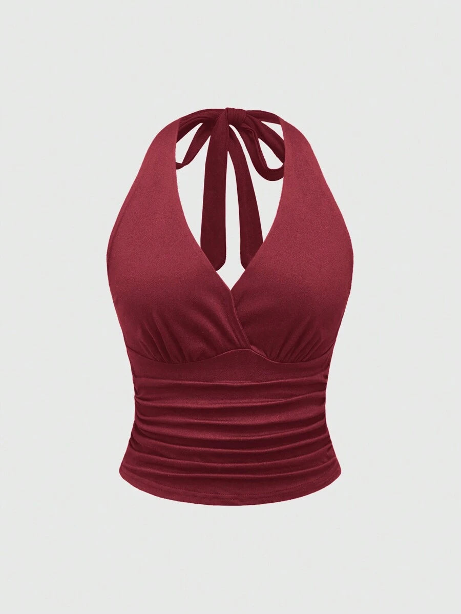 Ruched V-Neck Halter Top