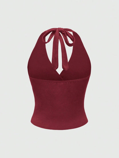 Ruched V-Neck Halter Top