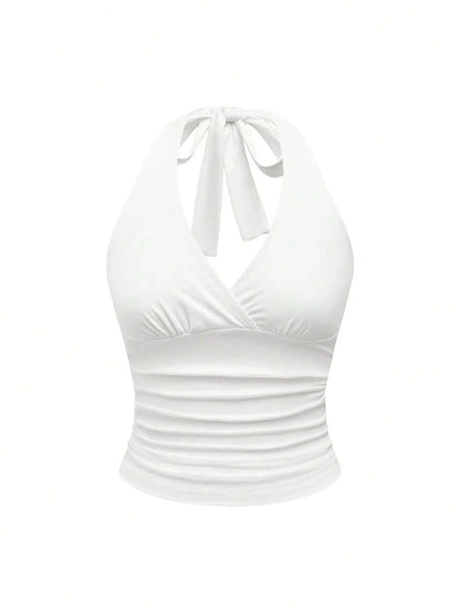 Ruched V-Neck Halter Top