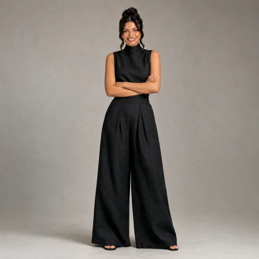 Linen High-Neck Top & Wide-Leg Pants Set