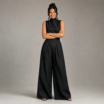Linen High-Neck Top & Wide-Leg Pants Set