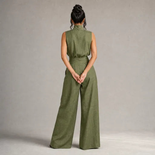 Linen High-Neck Top & Wide-Leg Pants Set
