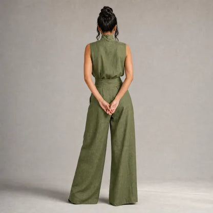 Linen High-Neck Top & Wide-Leg Pants Set