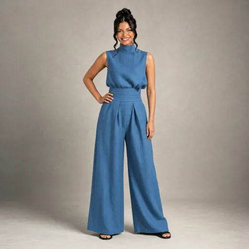 Linen High-Neck Top & Wide-Leg Pants Set