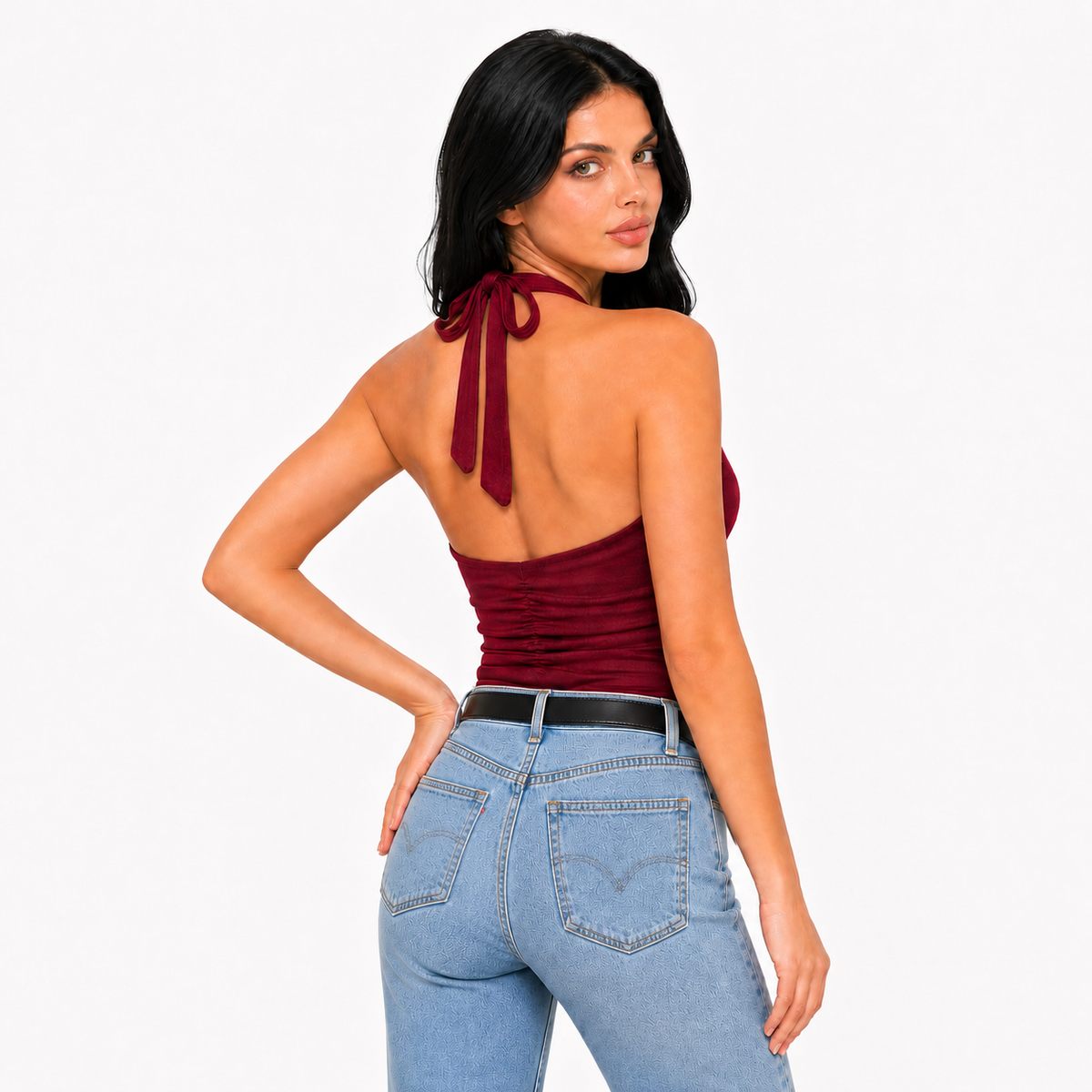 Ruched V-Neck Halter Top