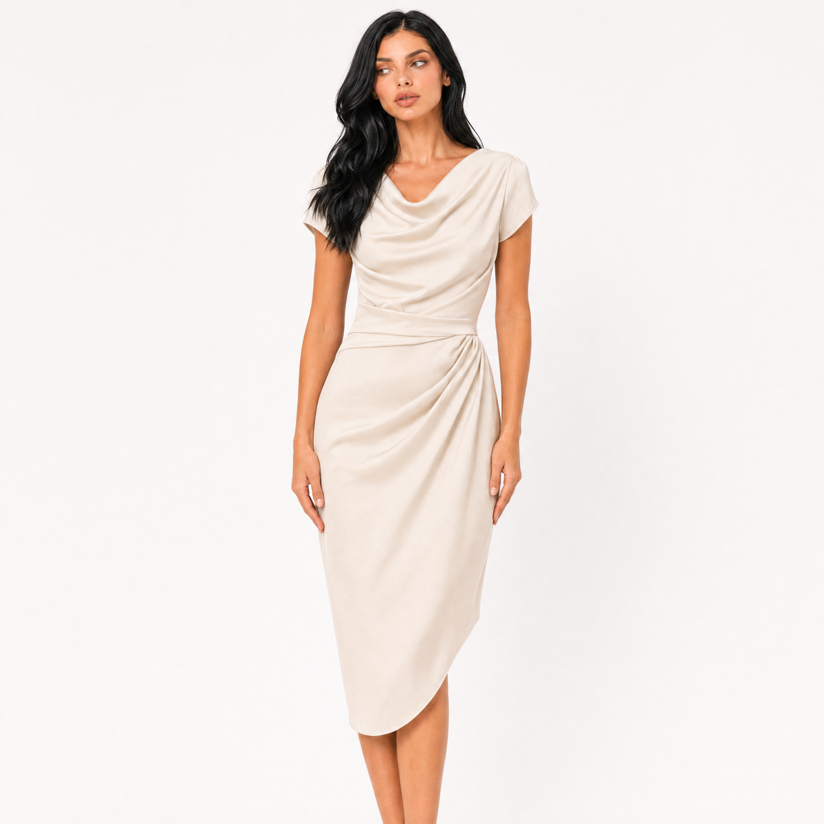 The Helena Ruched Cowl-Neck Midi Dress