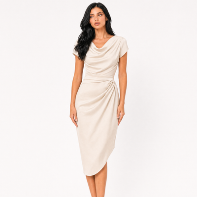 The Helena Ruched Cowl-Neck Midi Dress