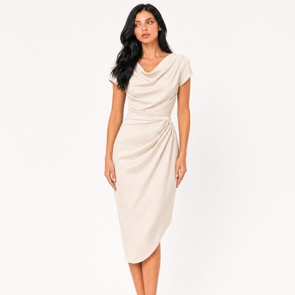 The Helena Ruched Cowl-Neck Midi Dress
