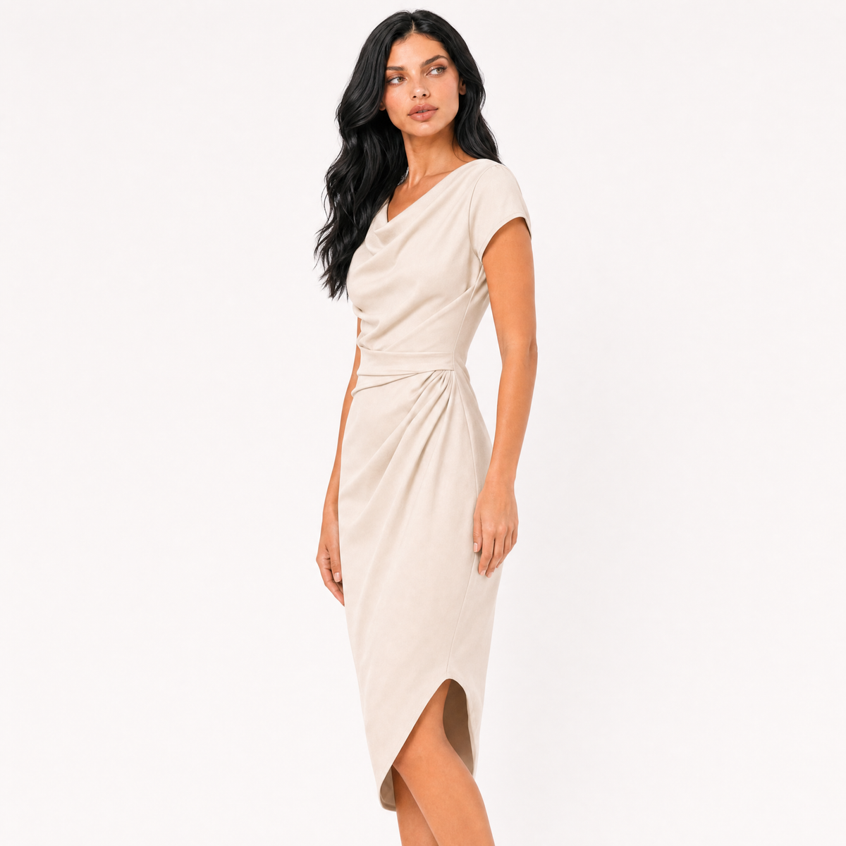 The Helena Ruched Cowl-Neck Midi Dress