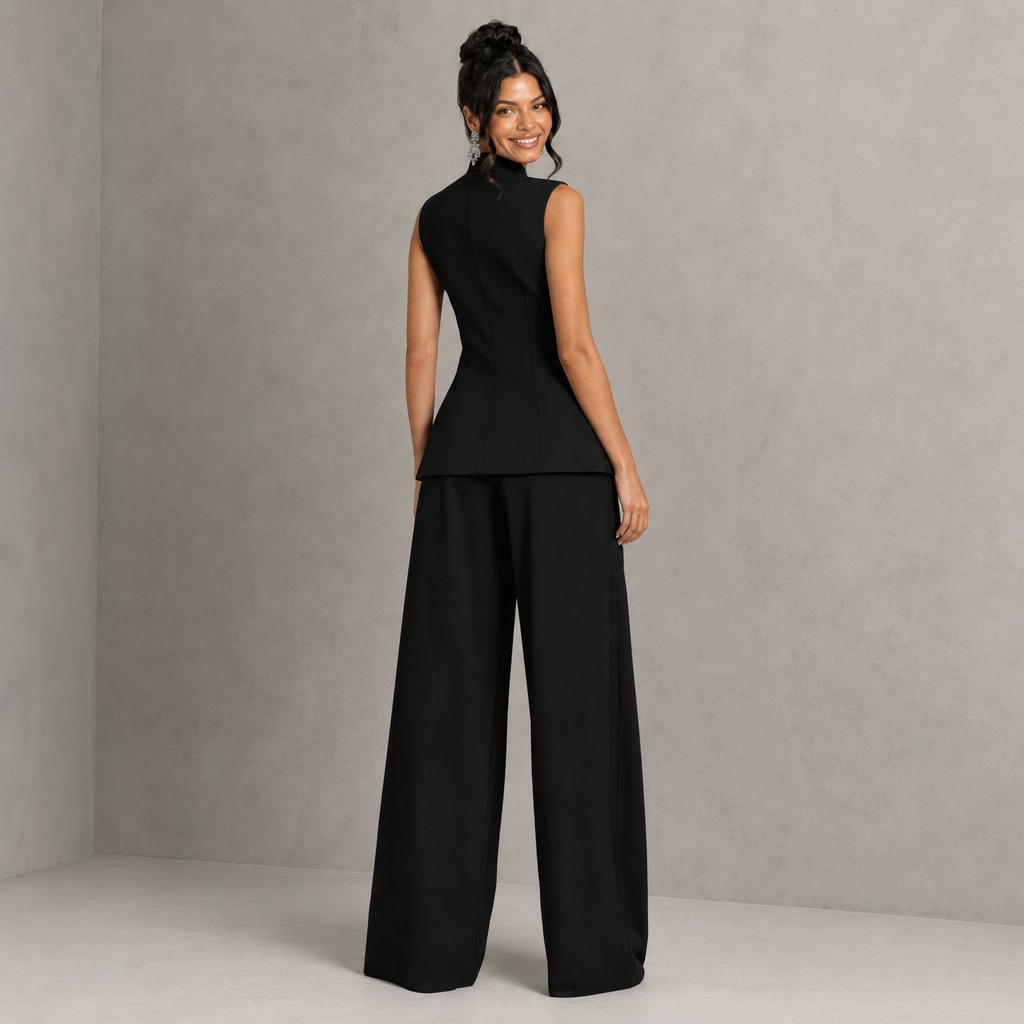 Chic High-Neck Peplum Top & Wide-Leg Pants Set