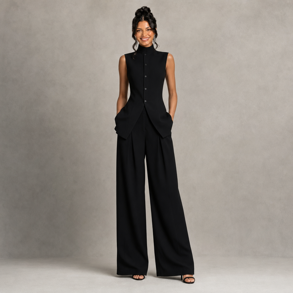 Chic High-Neck Peplum Top & Wide-Leg Pants Set