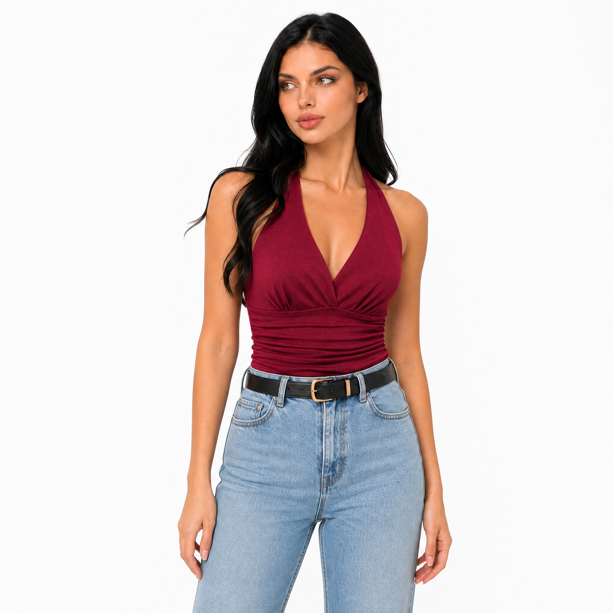 Ruched V-Neck Halter Top