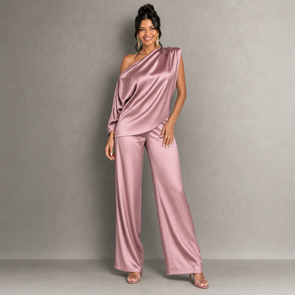 Satin One-Shoulder Top & Wide-Leg Pants Set