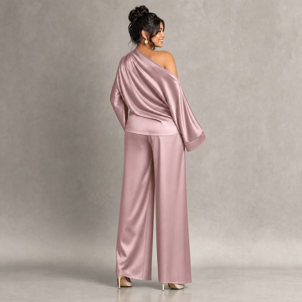 Satin One-Shoulder Top & Wide-Leg Pants Set