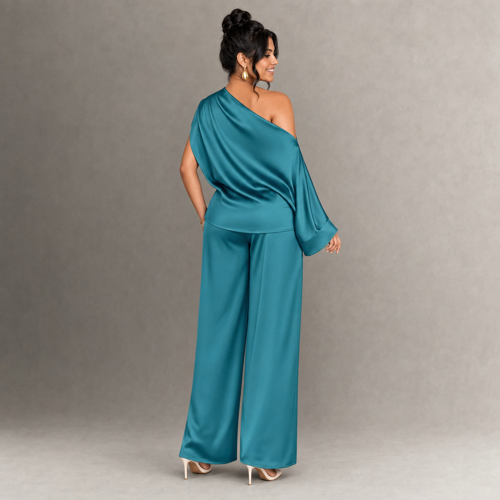 Satin One-Shoulder Top & Wide-Leg Pants Set