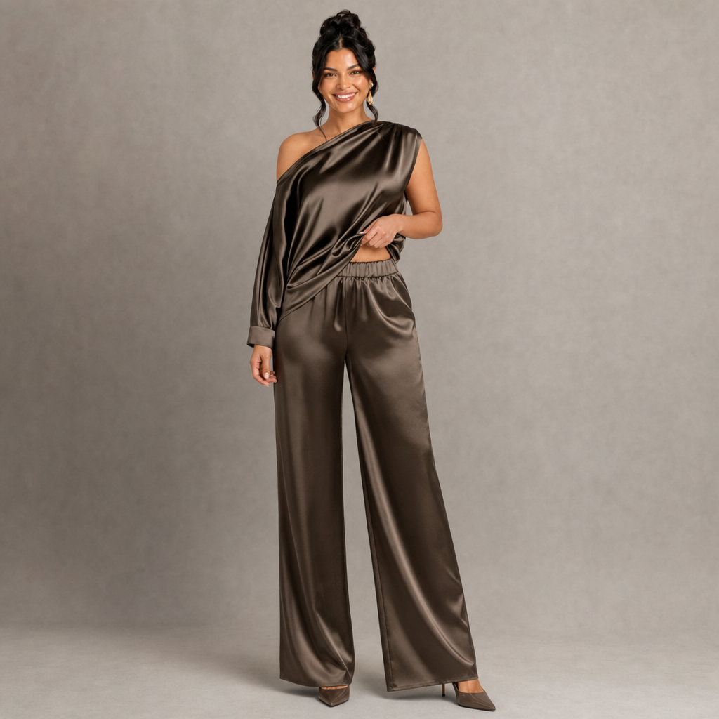 Satin One-Shoulder Top & Wide-Leg Pants Set