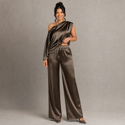 Satin One-Shoulder Top & Wide-Leg Pants Set