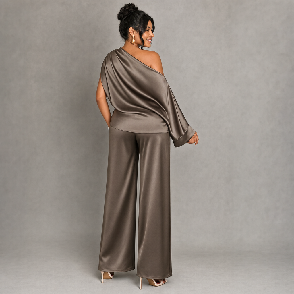 Satin One-Shoulder Top & Wide-Leg Pants Set
