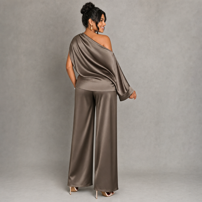 Satin One-Shoulder Top & Wide-Leg Pants Set