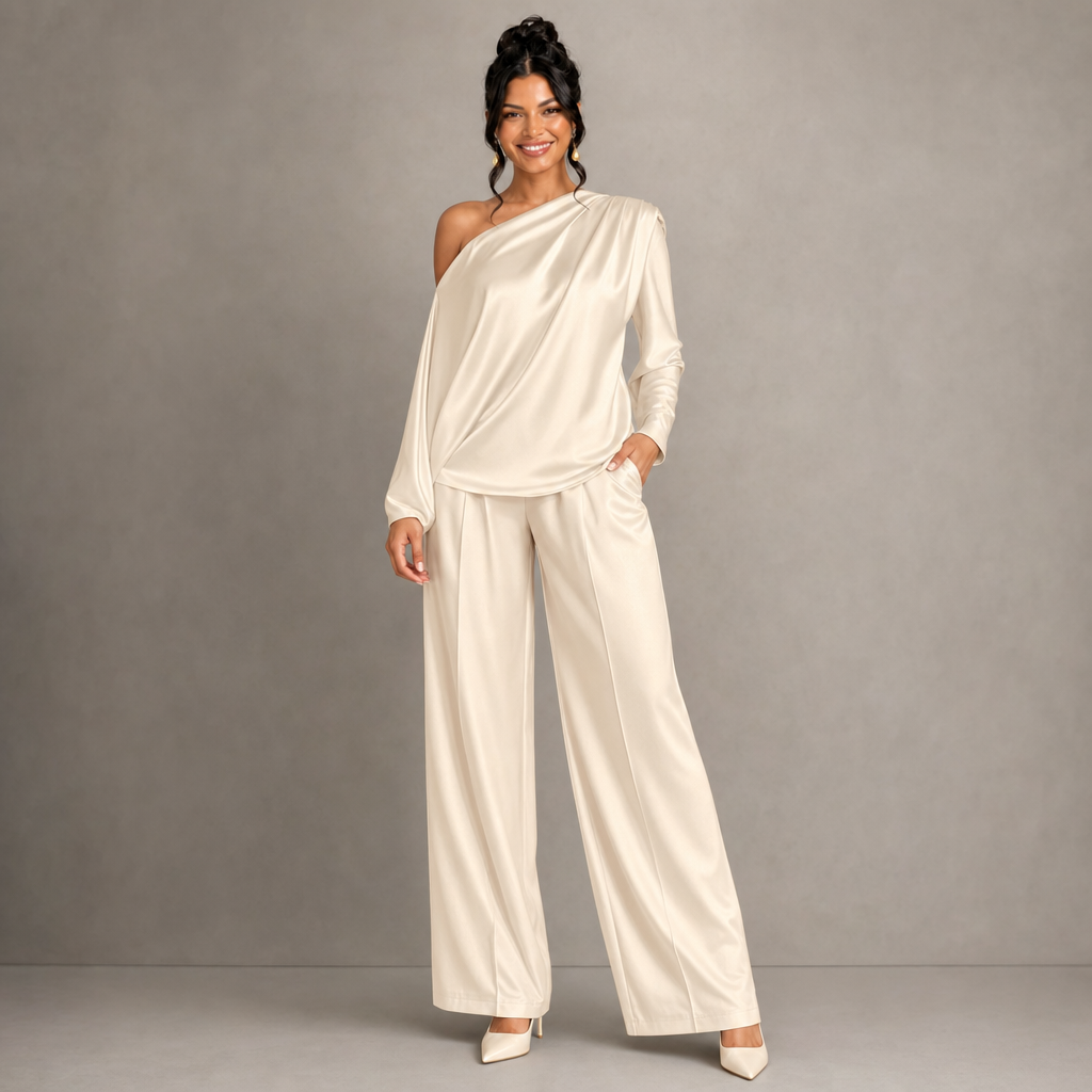 Satin One-Shoulder Top & Wide-Leg Pants Set