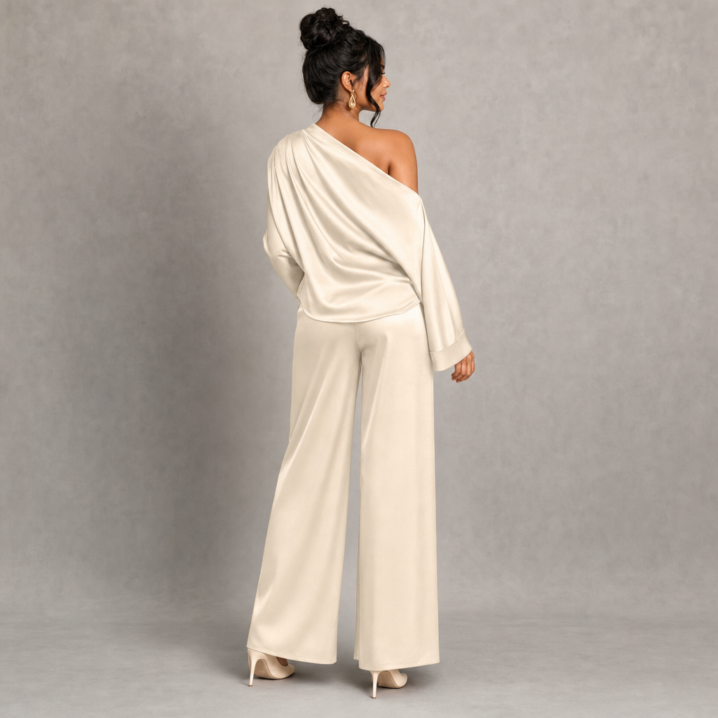 Satin One-Shoulder Top & Wide-Leg Pants Set
