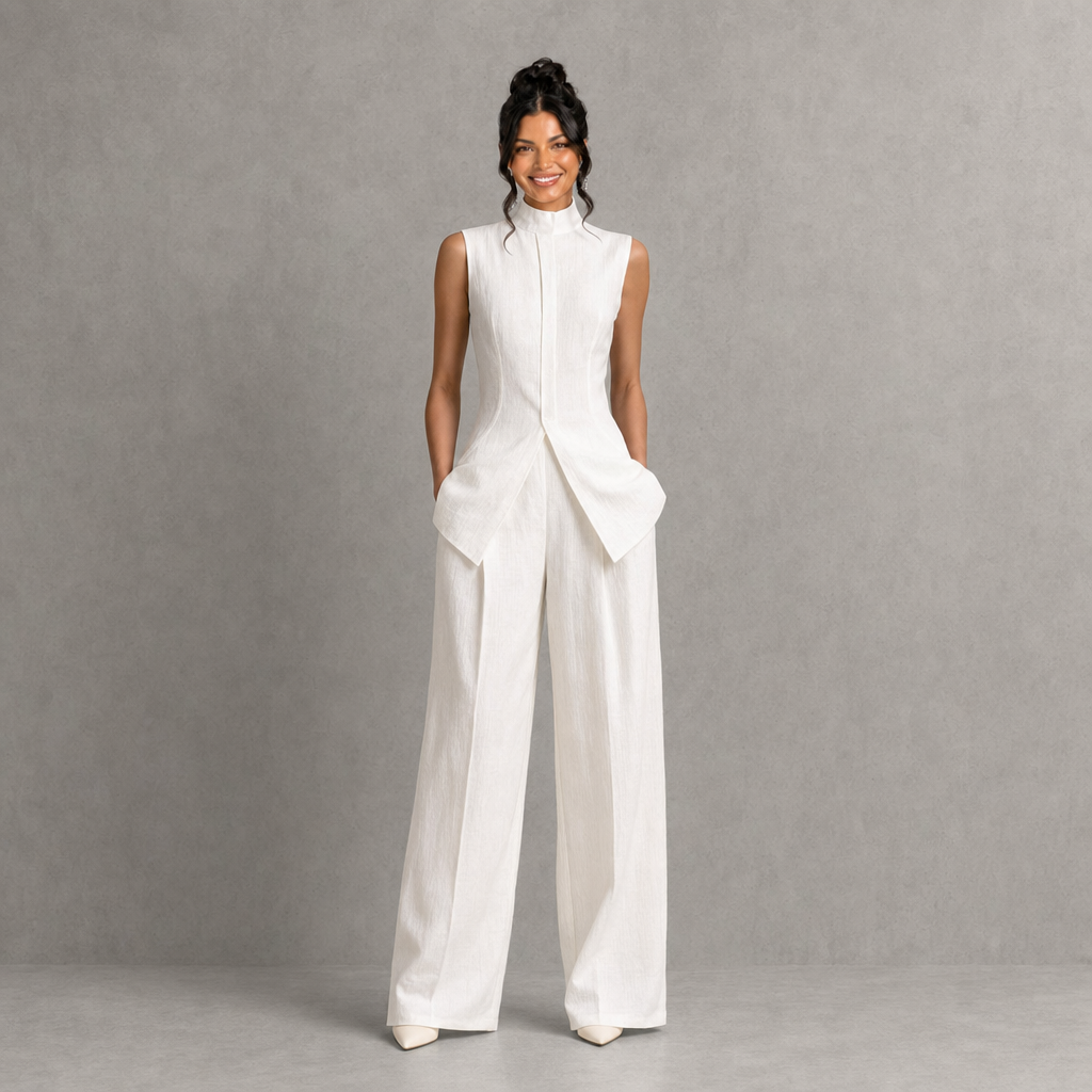 Chic High-Neck Peplum Top & Wide-Leg Pants Set