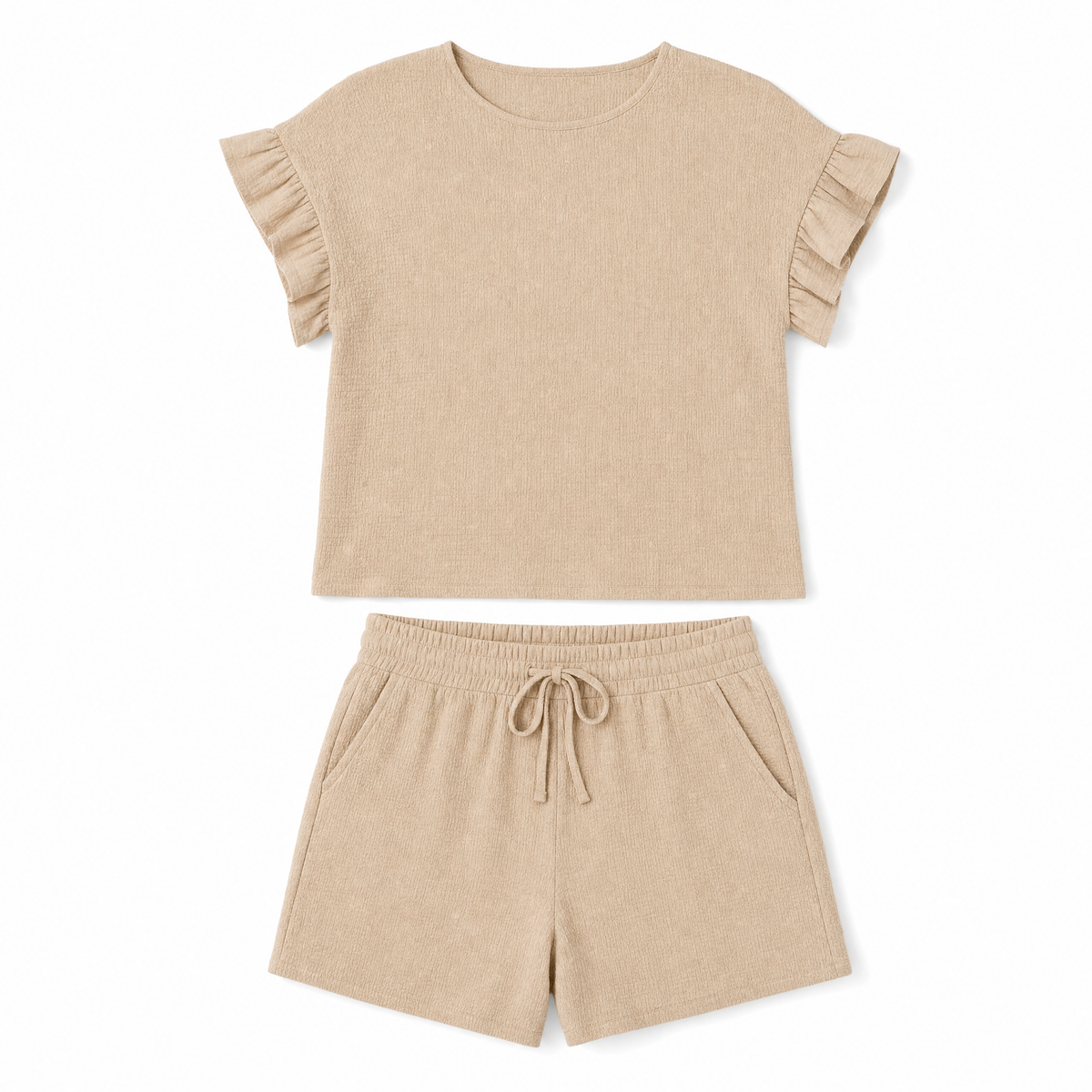 Ruffle Sleeve Texture Top & Shorts Set