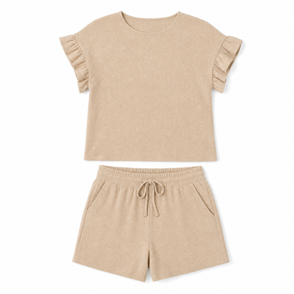 Ruffle Sleeve Texture Top & Shorts Set