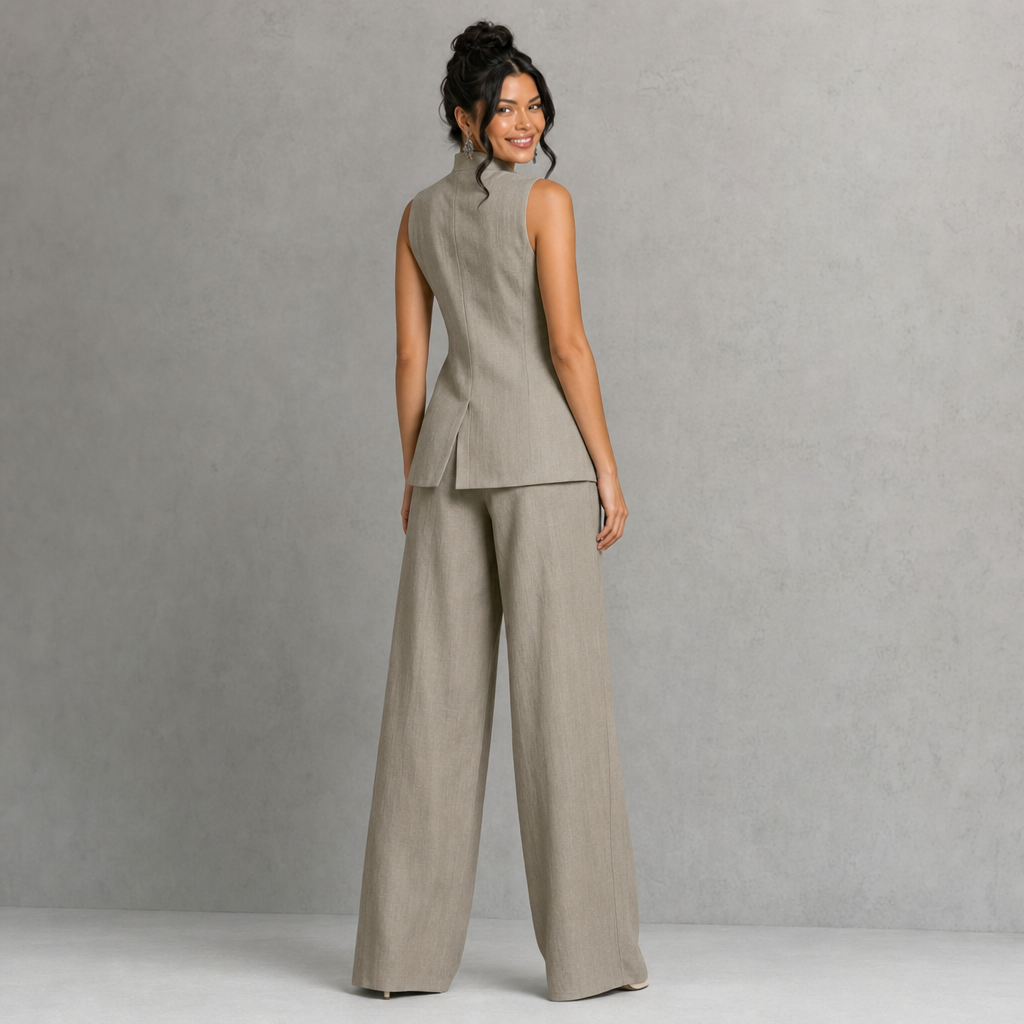 Chic High-Neck Peplum Top & Wide-Leg Pants Set