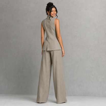 Chic High-Neck Peplum Top & Wide-Leg Pants Set