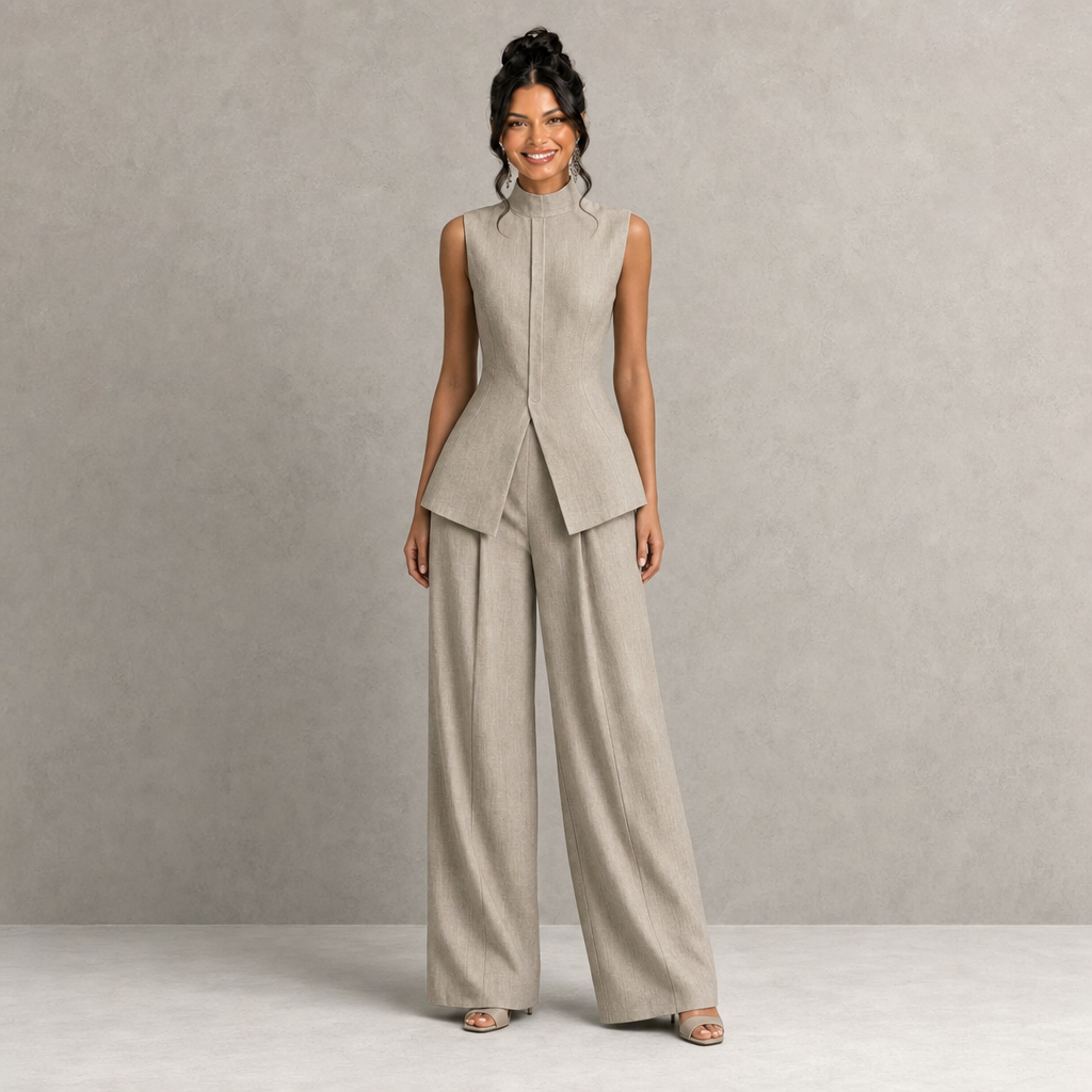 Chic High-Neck Peplum Top & Wide-Leg Pants Set
