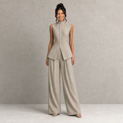 Chic High-Neck Peplum Top & Wide-Leg Pants Set