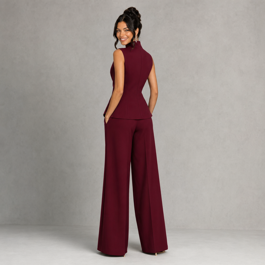 Chic High-Neck Peplum Top & Wide-Leg Pants Set