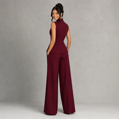Chic High-Neck Peplum Top & Wide-Leg Pants Set