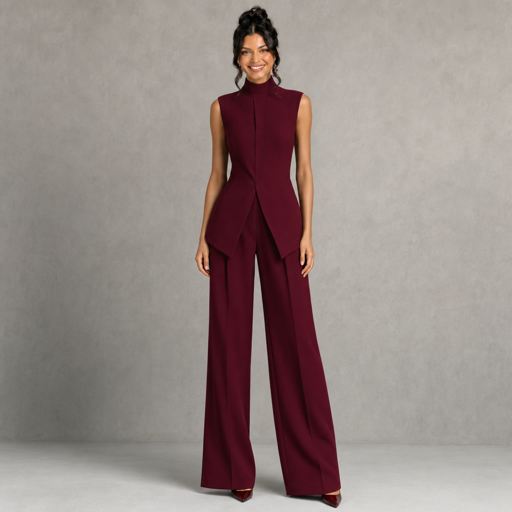 Chic High-Neck Peplum Top & Wide-Leg Pants Set