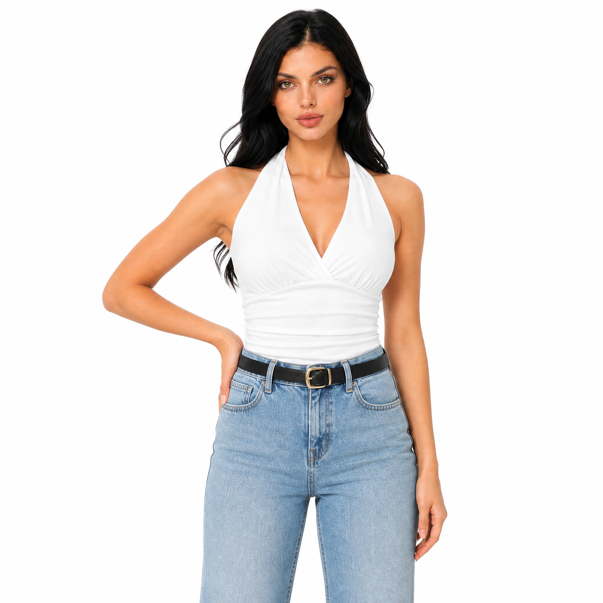 Ruched V-Neck Halter Top