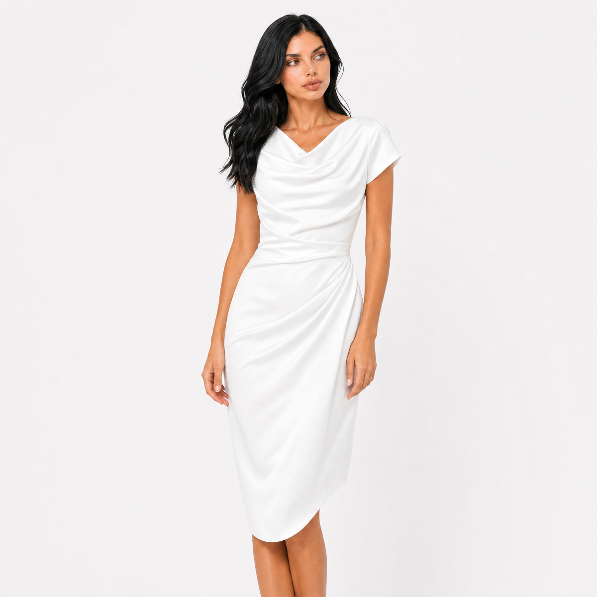 The Helena Ruched Cowl-Neck Midi Dress