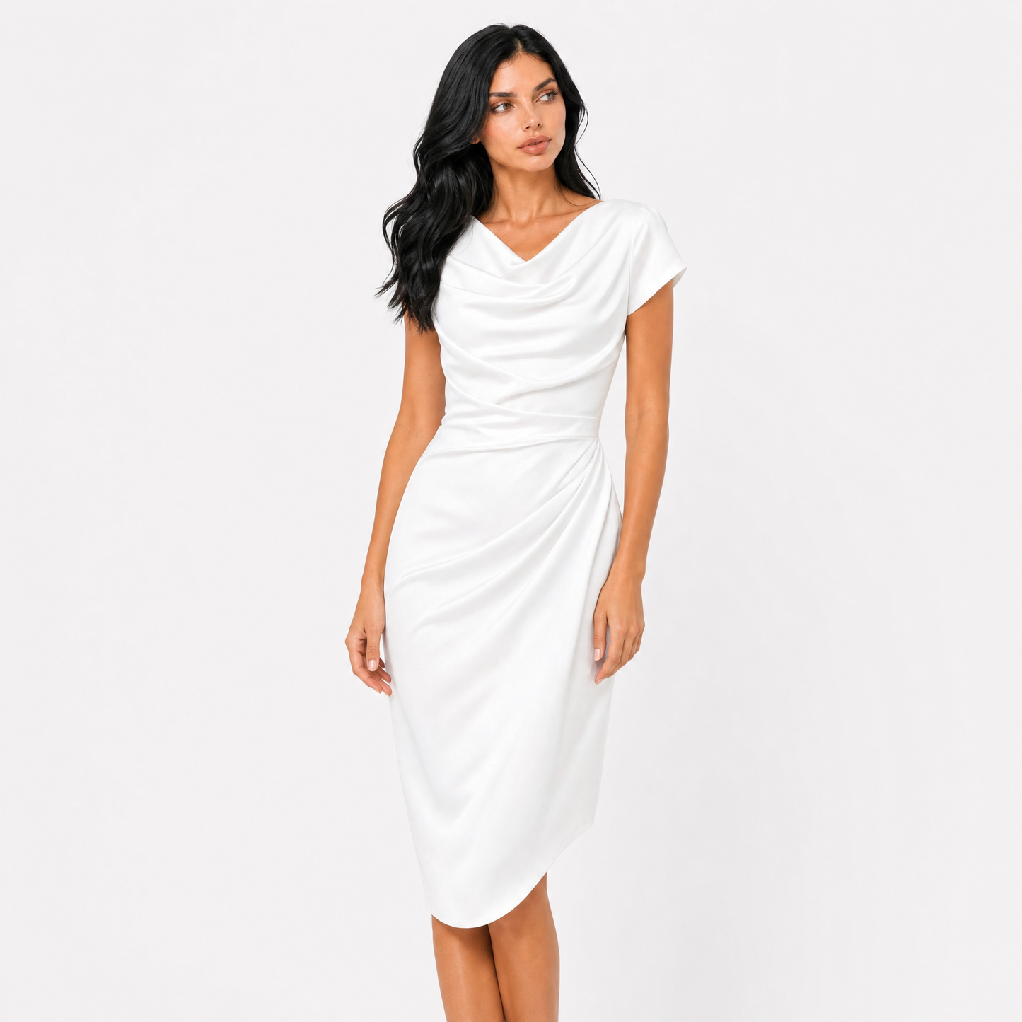 The Helena Ruched Cowl-Neck Midi Dress