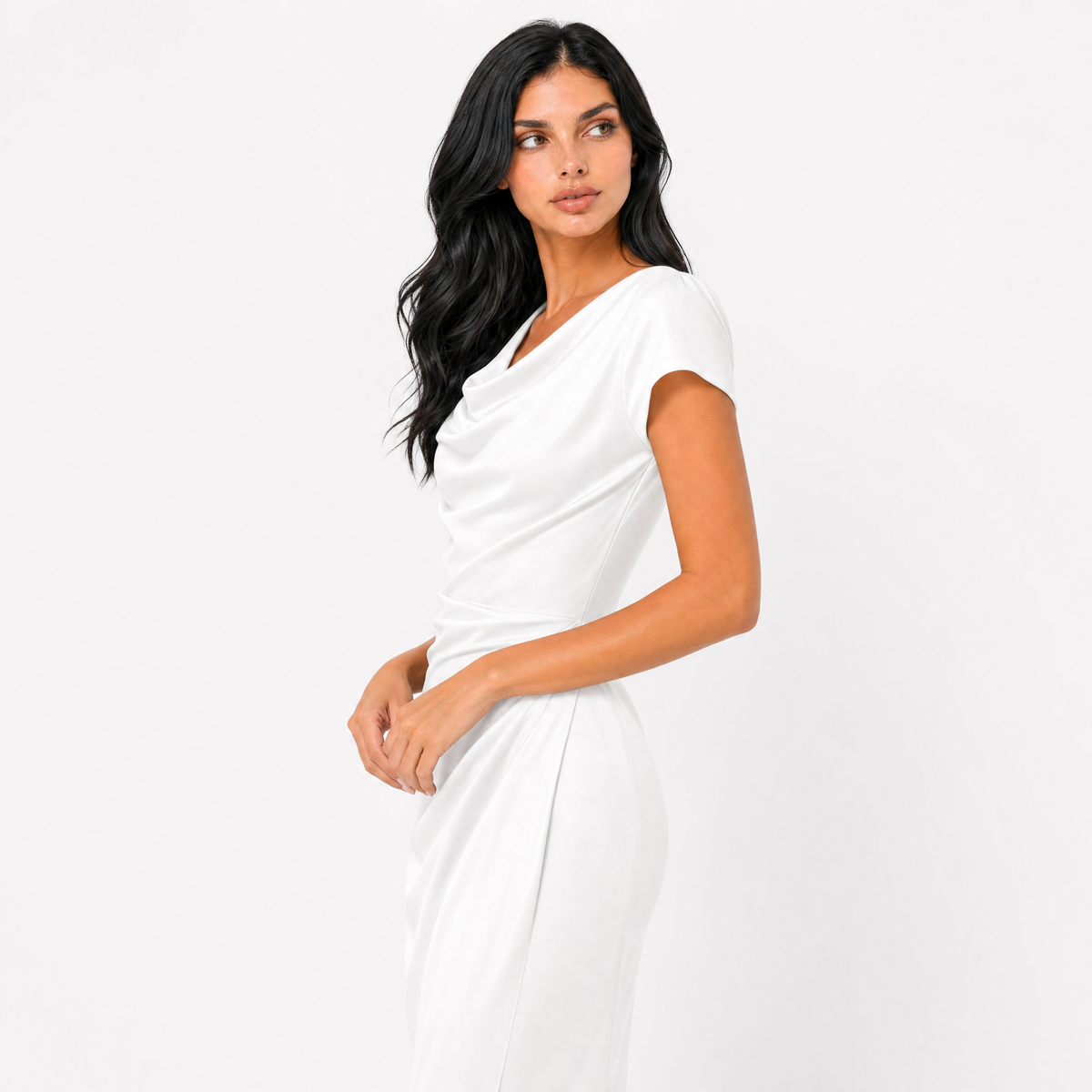 The Helena Ruched Cowl-Neck Midi Dress