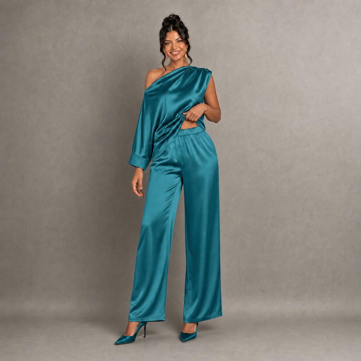Satin One-Shoulder Top & Wide-Leg Pants Set