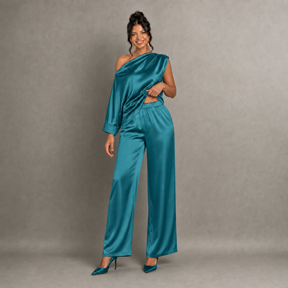 Satin One-Shoulder Top & Wide-Leg Pants Set
