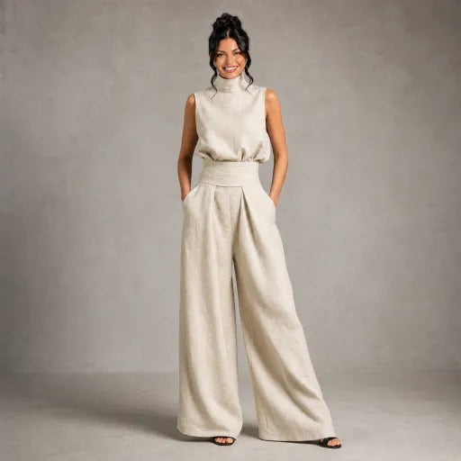 Linen High-Neck Top & Wide-Leg Pants Set
