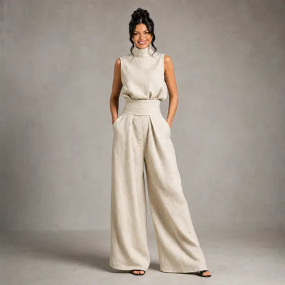 Linen High-Neck Top & Wide-Leg Pants Set
