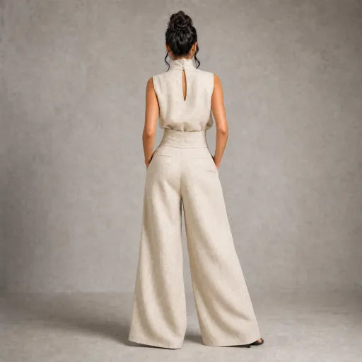 Linen High-Neck Top & Wide-Leg Pants Set
