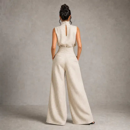 Linen High-Neck Top & Wide-Leg Pants Set