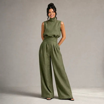 Linen High-Neck Top & Wide-Leg Pants Set